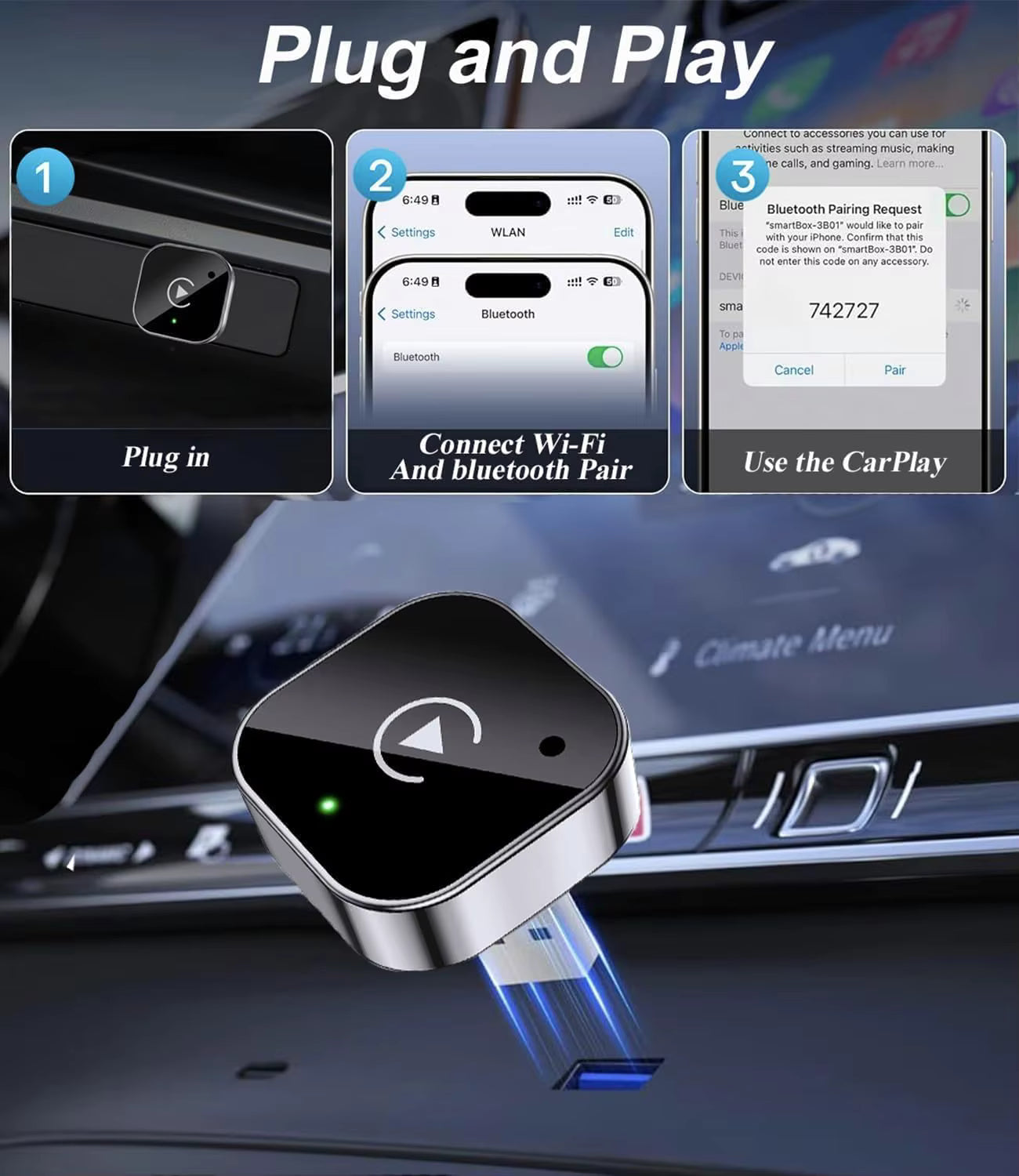 2-in-1 Draadloze Apple Carplay Android Auto-Adapter Smart USB Auto Connect Plug & Play